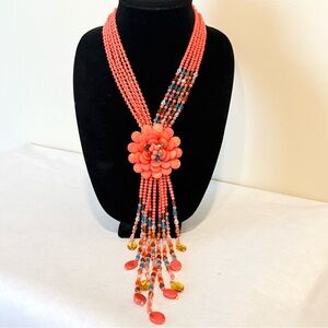 Vintage Joan Rivers Flower Starlet Necklace Beaded Coral Pink Statement Tassel